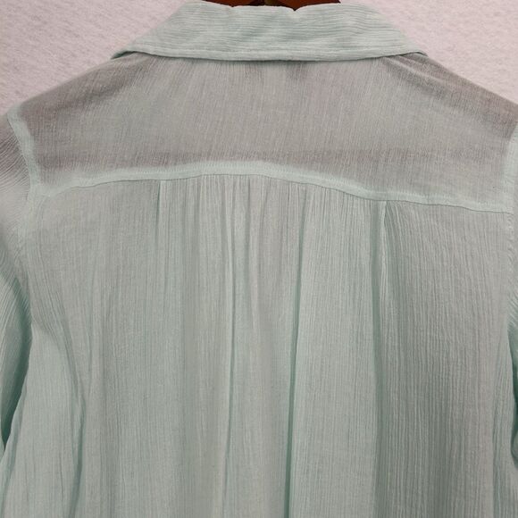 Vintage America Blouse Women S Mint Green Crinkle Pleat Lace Roll Tab Button Up - Picture 10 of 12